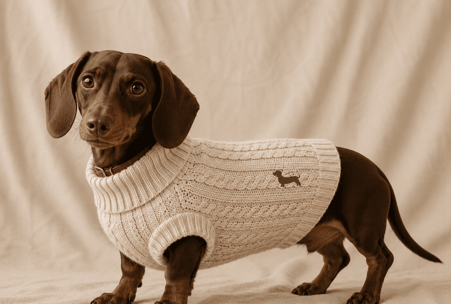 AI-generated concept image of a dog wearing a cream cable-knit Noodle Label sweater — this garment does not exist yet